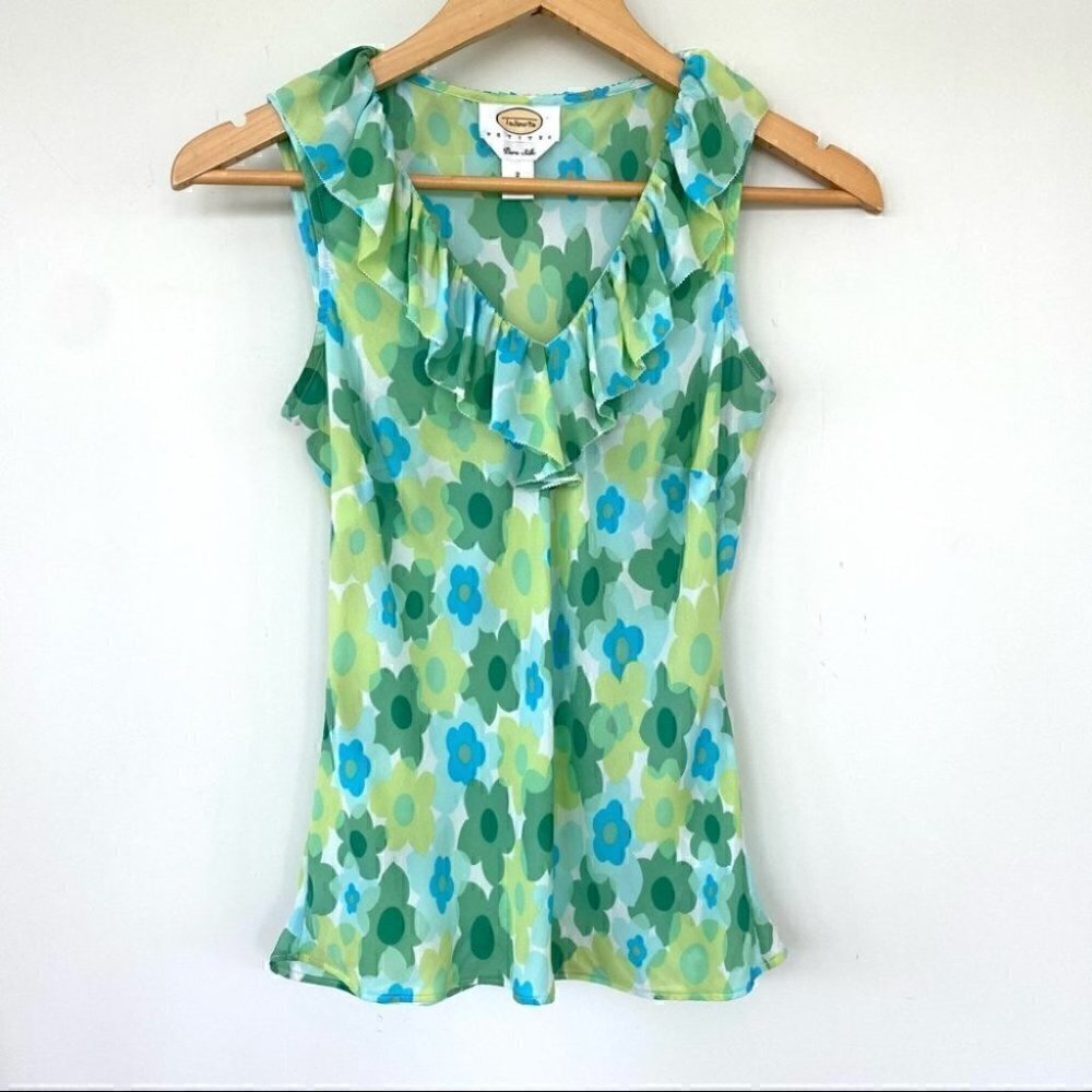 Talbots 💯 silk top with v-neck & ruffle, semi  sheer